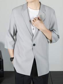 Men's 3/4 Sleeve Casual Suit Jacket, Korean Stylish Relaxed Fit Blazer - Light Grey - View 4