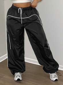 LovelyWholesale Pantaloni larghi da donna di moda, semplici e versatili, con vita elastica e coulisse, a righe in patchwork, gamba dritta, orlo regolabile, adatti per l'autunno e l'inverno