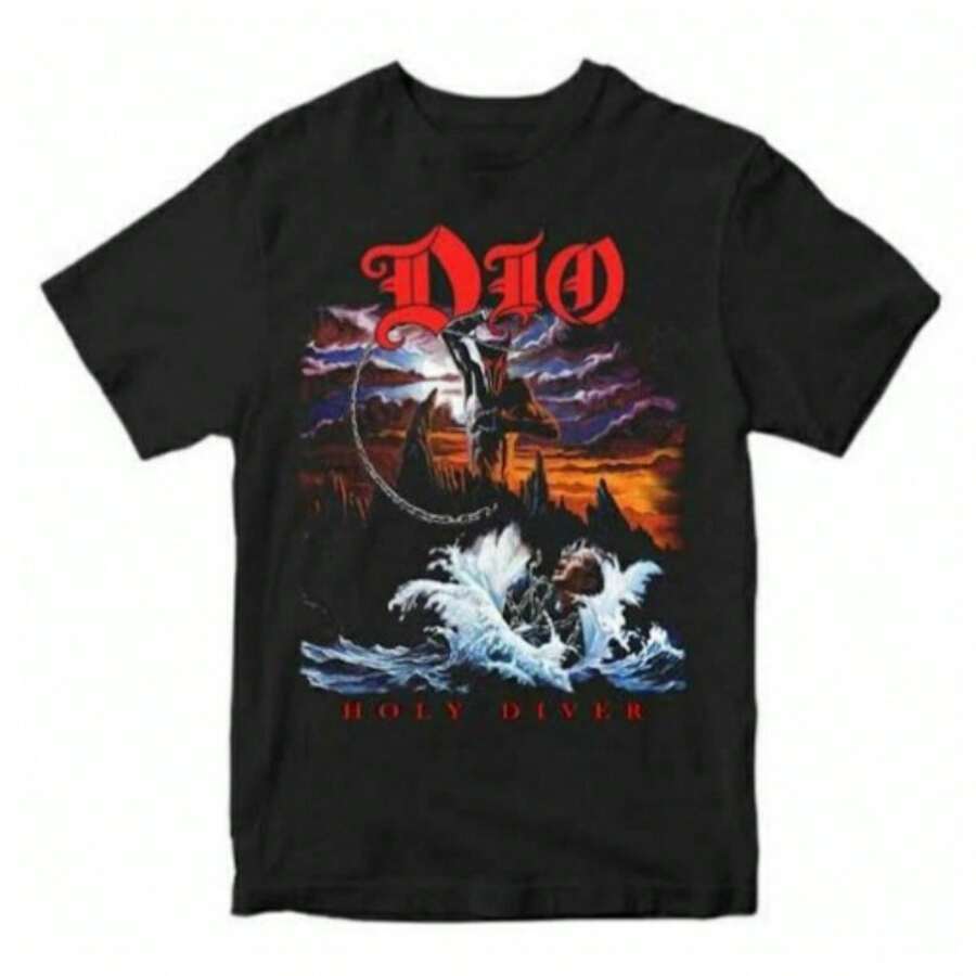 Holy Diver Alternative Rock T-Shirt Ronnie James Unisex Men Women 100% Cotton Premium Top Streetwear New Release Immediate Shipping Various Colors!! Plus Size - 黑色 - 查看 1