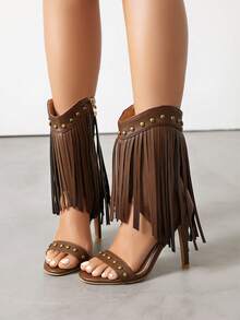 波西米亚风性感高跟侧拉链铆钉流苏短靴女式夏季复古 V 型剪裁细趾环凉鞋 - 棕色 - 查看 6