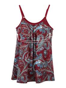 Women's Camisole With Built In Bra Tank Top Flowy Swing Pleated Tank Top Cami With Adjustable Spaghetti Strap Shelf Bra Loose Vest - Red Flower - 查看 5