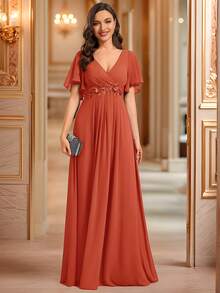 Elegant V-Neck Embroidered Ruffle Sleeve Pleated Chiffon Tangerine Bridesmaid Dress, Wedding Guest Dress, Semi-Formal Evening Gown, New Year Dress - Burnt Orange - View 8