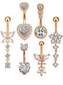 6pcs Stainless Steel Body Piercing Kit, With Flower, Butterfly, Heart Shaped Cubic Zirconia Navel Rings For Women