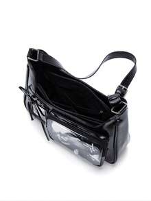 Japan's New Y2K Fashion Shopping Casual Simple Street Commuting Large-Capacity Girls' College Oil Wax Leather Transparent Badge Pain Bag Multi-Functional Shoulder Bag Cross-Body Bag, Can Put Grain, Can Hang Key Chains, Can Put Postcards, Street & Japanese Bag For Women - Black - View 6