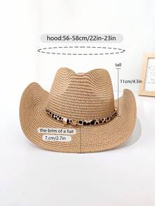 Unisex Boho Leopard Print Decorated Western Style Straw Hat, New Spring/Summer Woven Cowboy Cap, Knight Hat, Beach Vacation Sun Hat, Jazz Hat - View 4