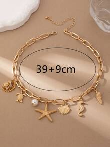 1pc Metallic Ocean Creature Pendant & Faux Pearl Chunky Chain Necklace, Suitable For Women Beach Vacation Outfit
