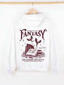 Women's Cozy Fantasy-Themed Hoodie With Book And Bat Design | Casual Long-Sleeve, Pocket Thermal Lined Pullover | "Fantasy Readers Association" Graphic | Perfect For Fall/Winter, Women's Top,|Going Out Tops Women,Going Out Outfits,Teacher Outfits For Women,Back To School,School Clothes,Back To School Clothes,Halloween Clothes - White - View 3
