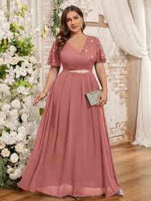 Butterfly Sleeve V-Neck Floral Lace Patchwork Chiffon Diamond Belt Long Evening Dress, Suitable For Wedding Guests, Valentine's Day, Summer, Birthday, Graduation, Back To School And Other Occasions - Dusty Pink - View 9