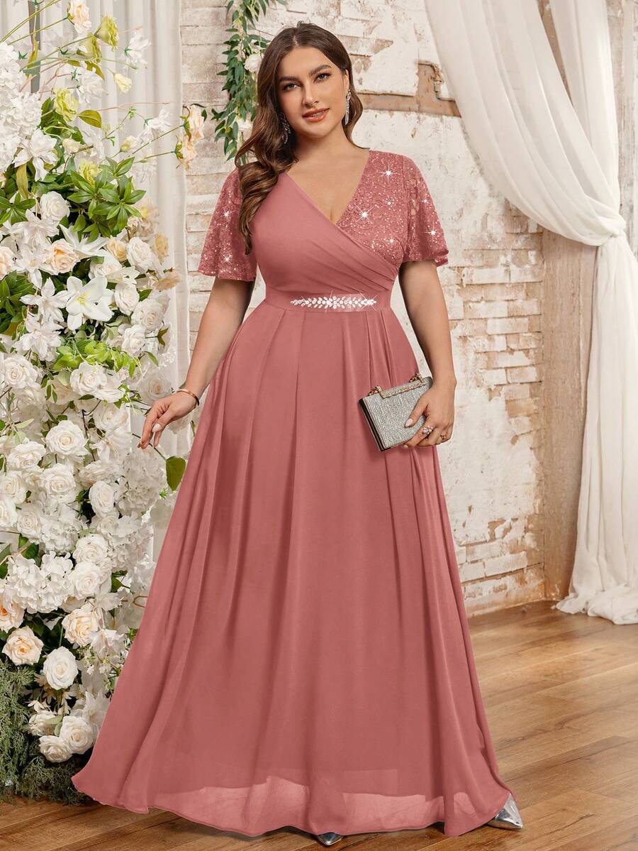 Vestido largo de fiesta con escote de pico, mangas mariposa, encaje floral, contraste de gasa, cintura con lazo de rhin y pedrería - Rosa vieja - Ver 1