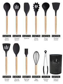 12pcs/Set Or 44pcs/Set Wooden Handle Silicone Kitchen Utensil Set, Heat Resistant Non-Stick Cookware, Suitable For Cooking And Baking, Ideal For Christmas - Black - Large - View 3