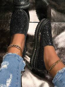 Fall/Winter Fashionable Minimalist Slip-On Rhinestone Decorated Flat Casual Loafers, Never Lose Adhesive Glue - Black - View 2