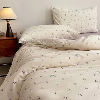 Juego de ropa de cama de 4 piezas (1* Funda de edredón, 1* Sábana ajustable, 2* Fundas de almohada), estampado de flores de cerezo moradas, lazo adorable, tacto suave, fundas de almohada y funda de edredón sin relleno
