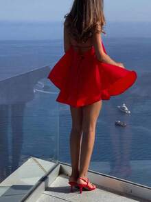 Spring/Summer Women Sexy Deep V Neck Spaghetti Strap Backless Loose A-Line Ruffled Hem Mini Dress, Suitable For Vacation, Streetwear, Tropical Style - View 5