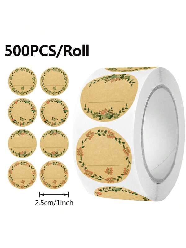 1-Inch 500pcs Brown Kraft Paper Round Stickers, Vintage Floral Design - 4 Unique Style Blank Kraft Paper Labels Rolls For Writing On Durable Dot Sticker Jars