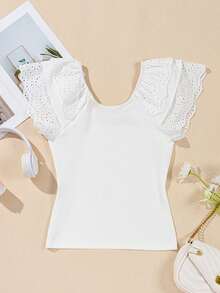 Acelitt Summer White Minimalist Ruffle Sleeve Fitted Top Casual - White - View 6