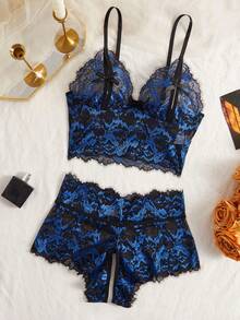 嘉年华派对服装睫毛蕾丝性感内衣套装蝴蝶结镂空露乳文胸开裆女士V领性感可调节肩带内衣套装 - 寶藍色 - 查看 10