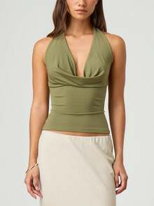 Women Y2k Floral Halter Tops Vinatge Back Tie Up Cowl Neck Slim Fit Crop Tank Tops Sexy Backless Sleeveless Cami Vest Summer Going Out Tops Shirts Party Club Streetwear - Green - View 4