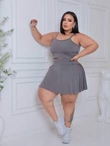 Women's Plus Size Fitness Set Top And Shorts Skirt In Ronantic Fabric: Top With Cup Support - Xám - Xem 2