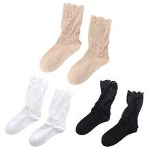 1 par de calcetines hasta la mitad de la pantorrilla de unicolor con bordado de flores y diseño calado para mujer - Negro - Ver 3