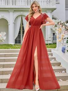 Chiffon Sequin Floral Minimalist Sexy V-Neck Bodycon Party Wedding Dress,Bridesmaid Dress