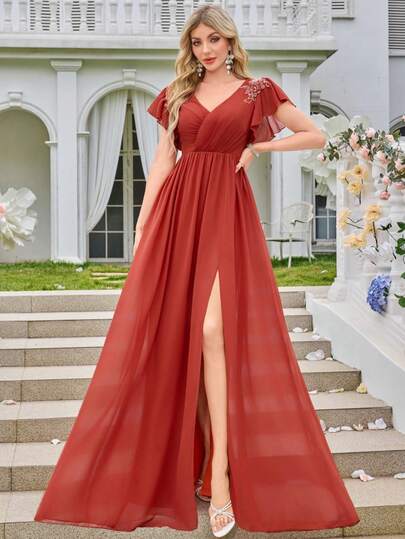 Szyfonowa cekinowa kwiatowa minimalistyczna seksowna dopasowana sukienka na wesele z dekoltem w serek, sukienka dla druhny