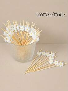 50/100Pcs Bamboo Pick Sweet Daisy Theme Flower Fruit Fork, Party Dessert Salad Stick Cocktail Skewer, Wooden Picks Wedding Birthday Party Supplies