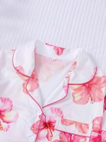 Conjunto de pijama de 2 piezas con estampado floral hawaiano para mujer, blusa de manga corta con cuello y pantalones cortos de cintura elástica, ropa de dormir de moda para fiestas de vacaciones y uso casual en casa