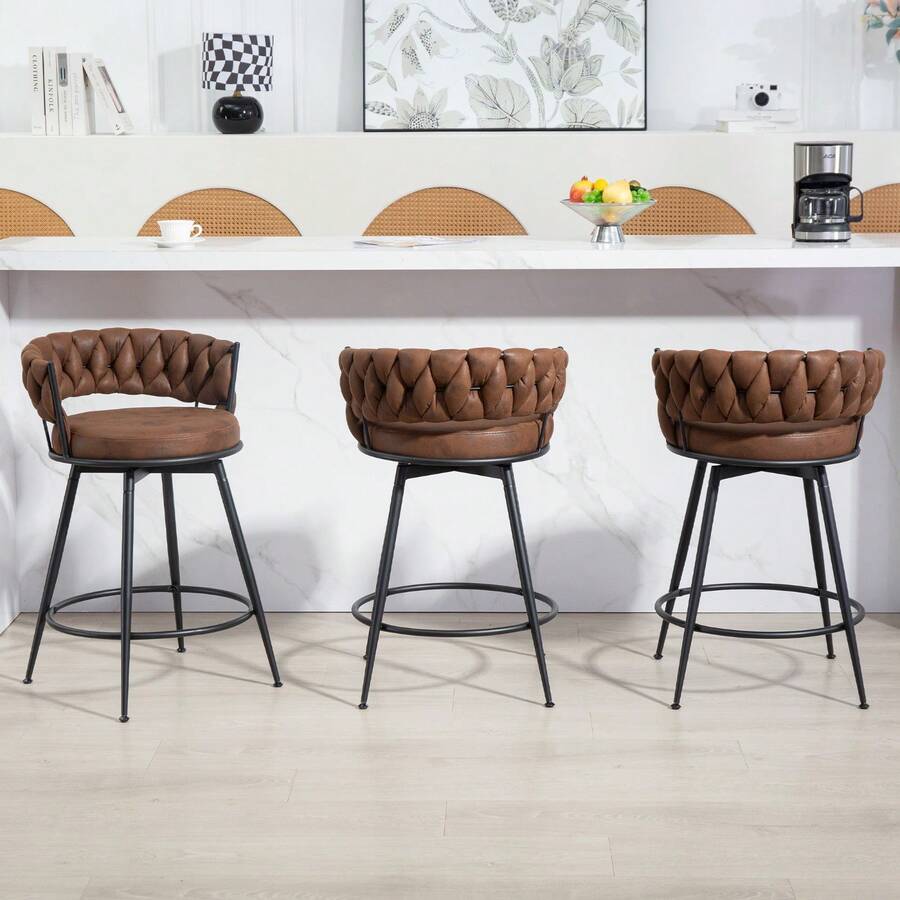 Dyhome 3Pcs 24'' Modern Swivel Bar Stools, 24 Inches Counter Height Bar Stools With Woven Back, Comfy Upholstered Suede Tall Barstools For Kitchen Island, Cafe - Nâu sẫm - Xem 1