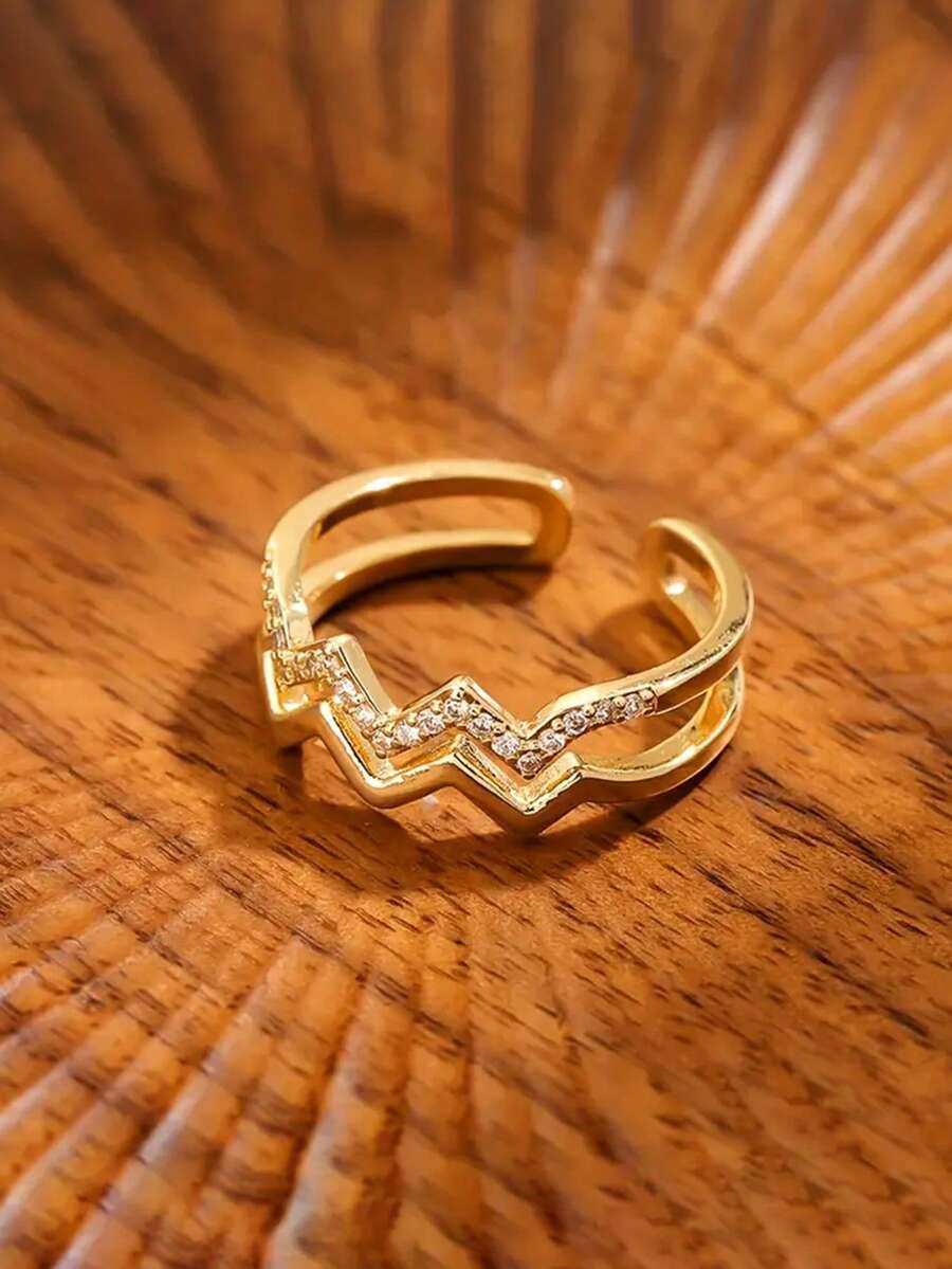 1pc Fashionable Double Wave Line Design Ring, Open Adjustable Ring, Perfect Jewelry Gift For Family And Friends - Double Line Ring - View 1