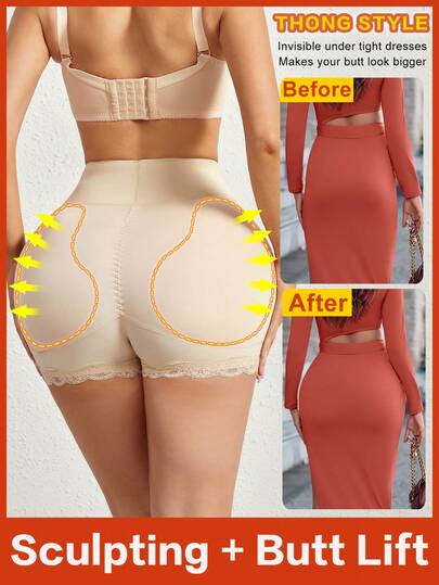 Damshorts för formning av spetskanter, vadderade falska rumpförstärkare Shapewear med avtagbar skumdyna, hög midja styrbyxor, sömlös kompressionsbody