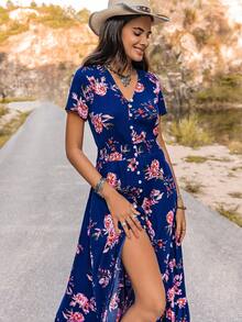 Rusttydustty Robe légère et confortable à col V noir avec motif floral, style bohème, ambiance exotique, convient pour les vacances à la plage et les festivals de musique - Bleu azur - Voir 5