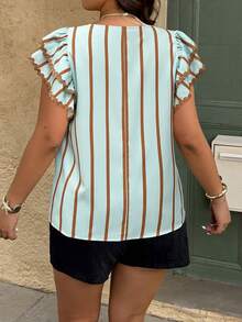 Plus Size Women's Ribbon Patchwork Striped Cap Sleeve Blouse - Multicolor - View 3