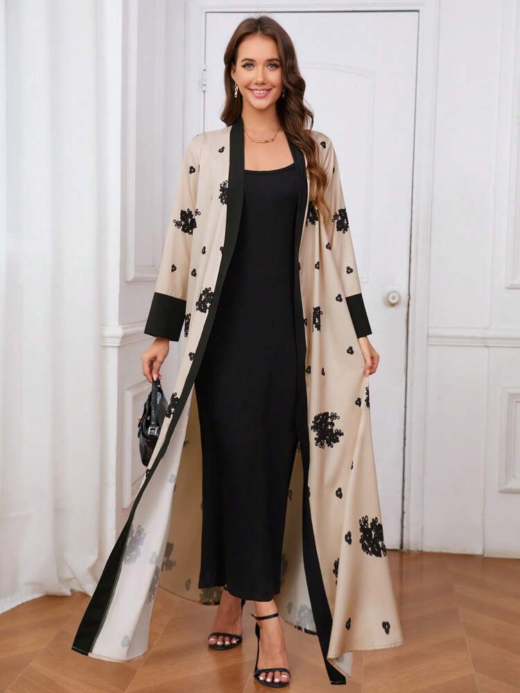 Women Elegant Floral Print Long Sleeve Cardigan, Versatile - Apricot - View 5