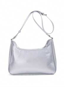 日本新款Y2K时尚购物休闲简约街头通勤大容量女大学生油蜡皮透明徽章包多功能单肩包斜挎包可放粒面可挂钥匙扣可放明信片 - 銀色 - 查看 5