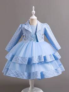 女童蓬松连衣裙提花图案薄纱拼布儿童服装 3D 贴花休闲生日连衣裙 - 藍色 - 查看 4