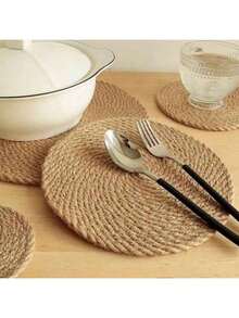 A Round Jute Woven Placemat, A Pure Hand-Woven Straw Coaster, A Japanese-Style Heat-Insulating And Scald-Proof Bowl Mat And Pot Mat. It Is Suitable As A Heat-Insulating Table Mat For Dining Tables At Home, For Decoration, And As A Wedding Decoration Mat. - Yellow - View 10