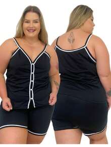 Baby Doll Surgical Breastfeeding Pajamas With Buttons Strap Plus Size 48/50/52/54 - 黑色 - 查看 1