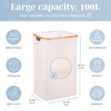 Free Shipping - 100L Tall Laundry Hamper With Lid N Handle, Large Waterproof Clothes Laundry Basket Laundry Storage Bin Organizer For Dorm, Bathroom, Bedroom, Laundry Room, Clothing, Toys - 米色 - 查看 8