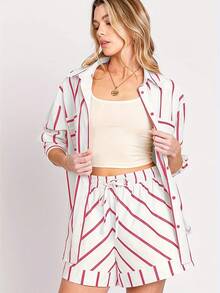 Womens Striped 2 Piece Outfits Button Down Shirts And Shorts Lounge Matching Sets - 紅色 - 查看 5