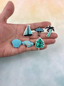 6pcs/Set Coconut Tree And Sea Turtle Cartoon Pattern Charms Compatible With Sandals, Bracelets, DIY Decorations, Beach Resort Vacation Birthday Holiday Gift