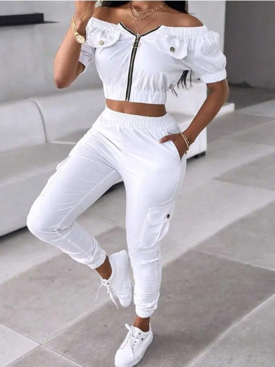 Women's Solid Color Off-The-Shoulder Zipper Crop Top And Cargo Pants Set