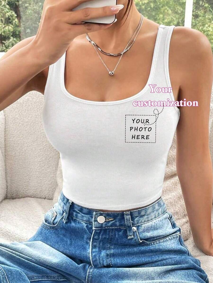 Customized Personalized Gifts, Personalized Patterns--Customized, American Pattern Short Vests, Custom Printed Slogans, Add Your Own Text/Pictures (Badge Patterns/Company Logos/Family Photos/Selfies/Flowers) To Design Your Own Personalized Prints As Gifts For Girlfriends - White - View 1