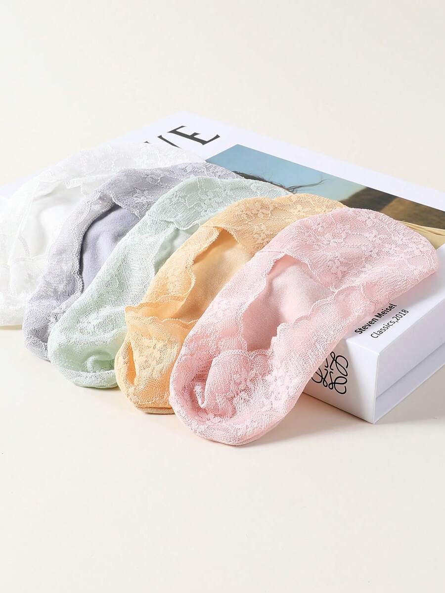 1/5 双女士船袜夏季拖鞋防滑透气蕾丝花边隐形袜防滑凉爽薄款袜子时尚袜子 - 彩色 - 查看 1