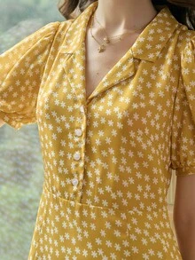 Simple Retro Puff - Sleeved Woven Dress With Small Daisy Print And Turn - Down Collar For Spring And Summer - Yellow - View 6