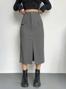 Falda con abertura alta de unicolor para mujer. y bolsillo a los costados Bolsillo con abertura y cremallera, elegante, informal, de color sólido - Gris - Ver 3