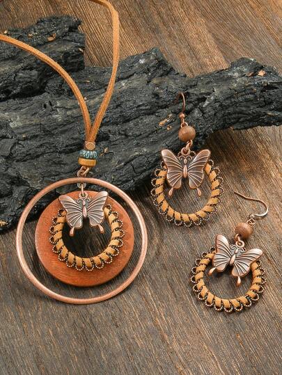 TopHanqi 3 件套复古蝴蝶吊坠耳环项链套装，动物几何圆形木质个性化创意毛衣链，日常佩戴派对配饰，百搭礼物