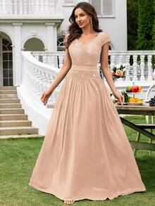 Elisanya Đầm dài dự tiệc tối tay lửng cổ chữ V sâu ren sequin tương phản, viền nhún, trang trọng, dành cho khách dự tiệc cưới - Xem 4