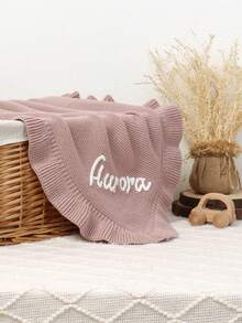 1pc Handmade Customized Name Soft & Cozy Knitted Baby Blanket With Ruffle Edge, Flower Trim Children Blanket - Pink - View 3