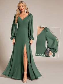 Vestido de dama de honor de gasa verde oliva con manga larga dividida y abertura en el muslo para bodas y eventos formales de otoño e invierno - Verde Oliva - Ver 7