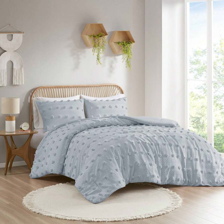 Chic Pompom Lucy 2/3 Pieces Bedding Comforter Sets,Lightweight Clip Jacquard Comforter With Matching Shams,All-Season Home Textile For Twin-Queen-King-Cal King Size,2 Pieces Set Only For Twin-Twin XL Size - 藍色 - 查看 1